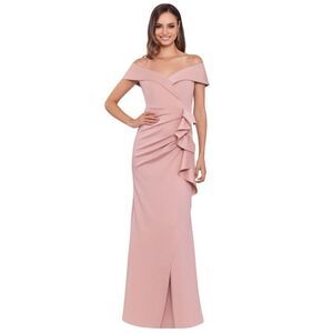 Xscape Off-Shoulder Dusty Rose Ruffle-Accented Maxi Dress